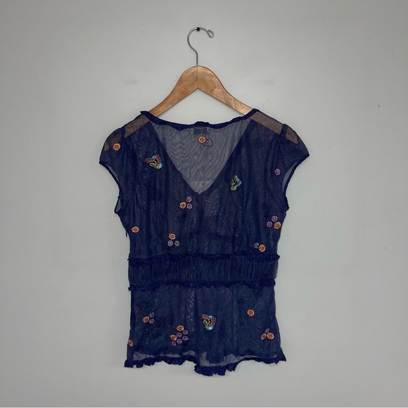 Joie Mesh Top Women's Size Medium Dark Blue‎ Embroidered Floral Short Sleeve MWT - Picture 5 of 6